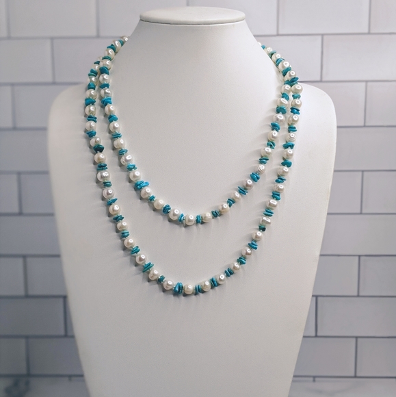 925 pearl & turquoise chip long strand necklace - Picture 2 of 5